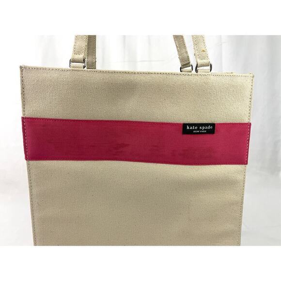 VTG Kate Spade Tote Bag Beige Pink Canvas Handbag Solid Stripe - Picture 10 of 16